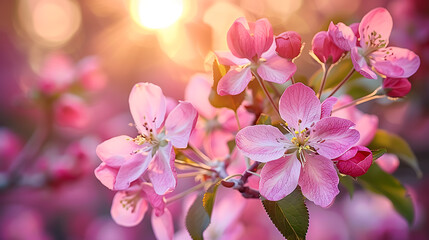 Fototapeta premium Spring flowers background. Beautiful nature scene with blooming trees and sun rays.