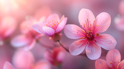 Spring flowers background. Beautiful nature scene with blooming trees and sun rays.