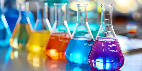 
Laboratory flasks contain chemical liquid on white table in laboratory room. medical research and chemistry study concept. Multi-colored  flasks and  with chemical test tubes in a Scientia.
