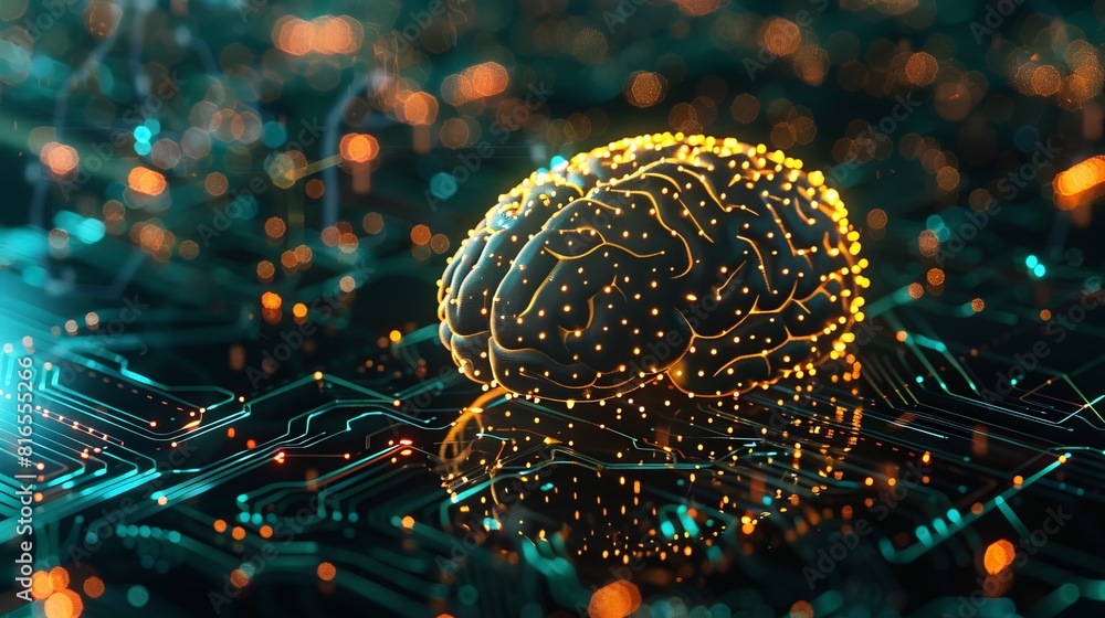 Poster glowing neural networks connect brain-computer interface to gold-backed crypto markets, revealing in