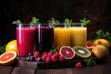 Fruit smoothies in glass with fresh fruits and berries on wooden table
