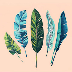 illustration graceful tropical leaves, set, in style of Carim Rashid as a separative