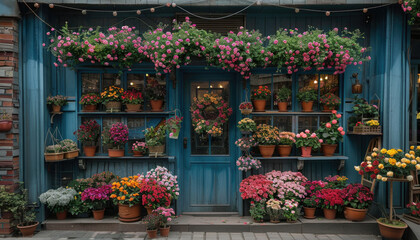 A flower shop with a blue door and a wreath on it by AI generated image