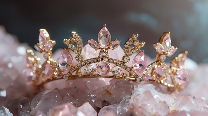 Sculpt an elegant insignia showcasing a gilded crown set against a backdrop of soft rose quartz, emanating grace and sophistication.