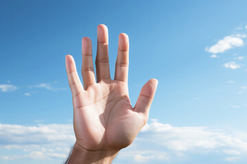 Religious concept of hope praying to god, hands raised to the cloudy sky. AI generated.