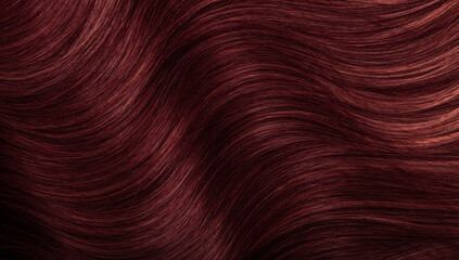 Dark red hair close-up as a background. Women's long brown hair. Beautifully styled wavy shiny...