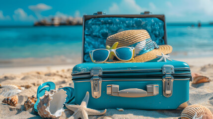 The suitcase is open on the beach, filled with summer vacation accessories and travel , blue sea background and sandy shore.  Sunglasses, flipflops, a straw hat, shell decoration, starfishes - Powered by Adobe