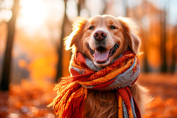 Cheerful beautiful dog with a scarf close-up in the park, portrait, autumn, outdoors