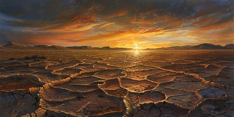 The golden sunset casts a warm glow over a vast landscape of textured mudcracks, symbolizing...