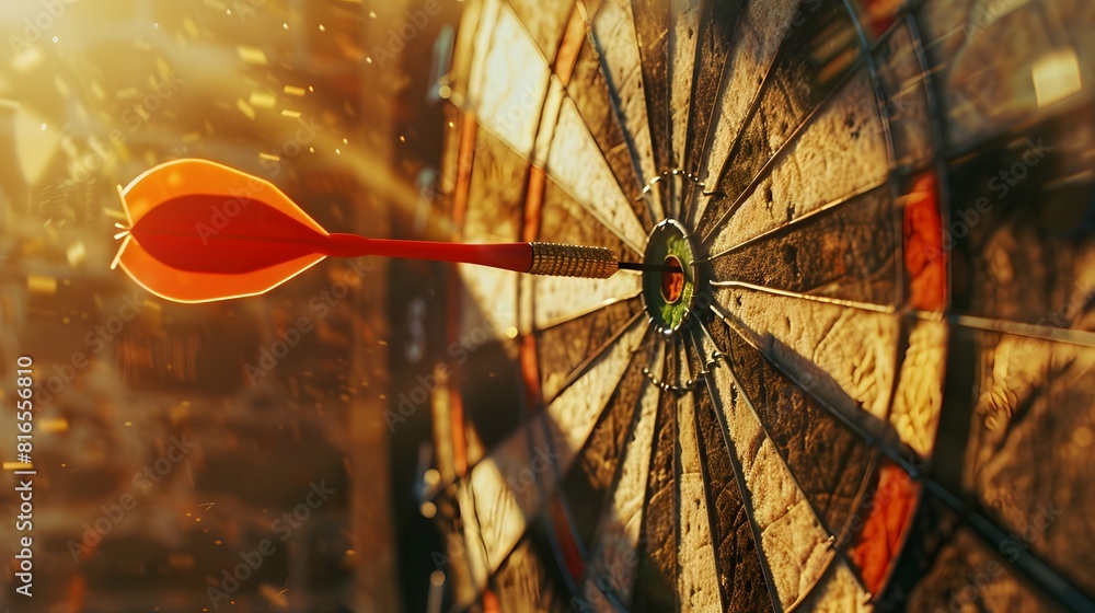 Poster bullseye target or dart board has red dart arrow throw hitting the center of a shooting for business