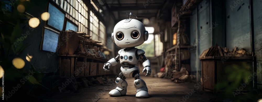 Poster A robot is standing in a dark room with a lot of clutter