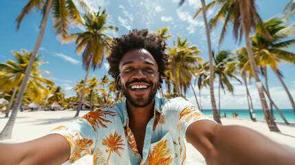Smiling happy man taking selfie photography at tropical beach with white sand and palm beach. Summer vacation in exotic resort, travel photo in a tropical paradise.  - Powered by Adobe