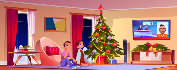 Kids sitting on floor of living room with Christmas tree and decorations watching tv breaking news about criminal man. Cartoon vector illustration of cozy home festive interior with teenagers.