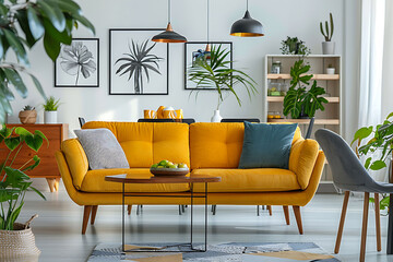 living room interior with modern yellow sofa, dining room with stylish chairs and kitchen furniture. New design in room in apartment with white wall.