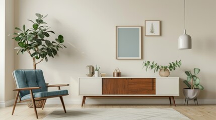 Bright and Cozy Living Room with Blue Sofa and Green Accents in Modern Interior. Great for Home Decor and Interior Design Inspiration.