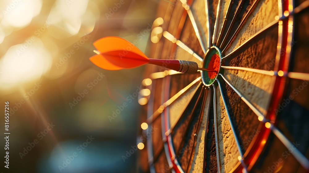 Poster bullseye target or dart board has red dart arrow throw hitting the center of a shooting for business