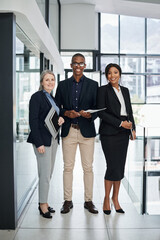 Business, people and happy portrait in office with diversity for partnership, collaboration and teamwork for law firm. Group, corporate and confident in career with legal advice and attorney.