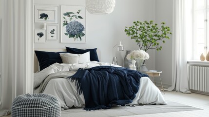 Elegant modern bedroom with navy blue bedding and white furniture, minimalist interior design, perfect for home decor inspiration and cozy living spaces.