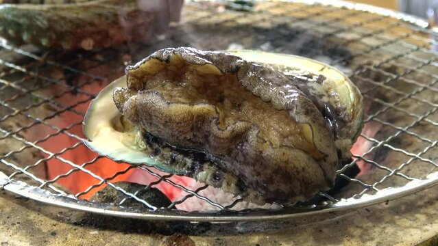 三重県産の殻付きアワビを炭火で踊り焼き クローズアップ  4K