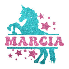 Marcia - pink glitter - name written in a frame with light blue glitter Unicorn and stars - vector graphic - for cards, baby shower, prints, cricut, silhouette, sublimation © roberta