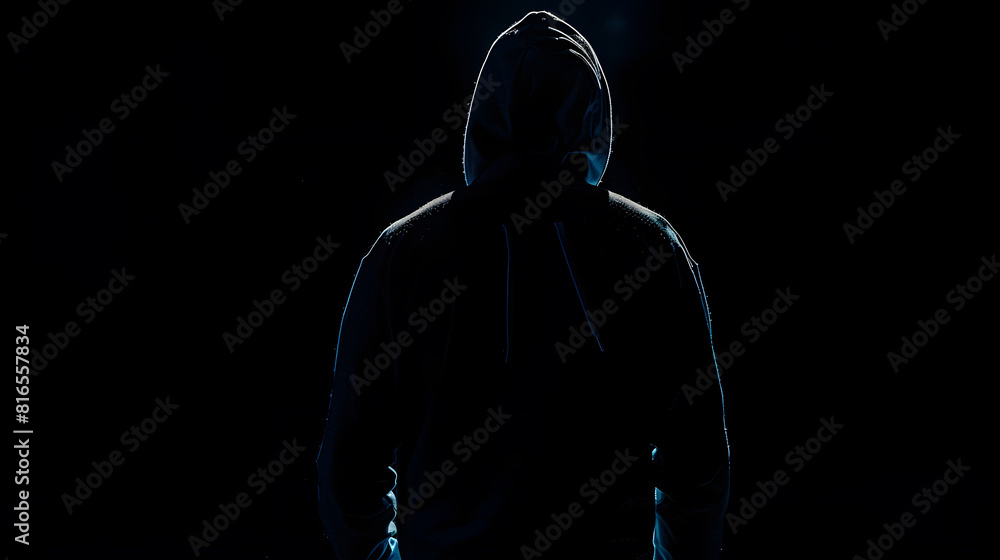 Poster mysterious man wit hoodie in silhouette isolated on black background : generative ai