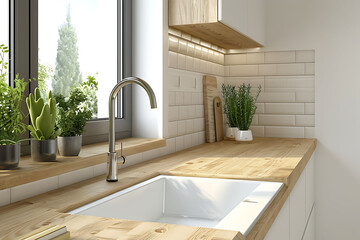 Modern interior of kitchen with white furniture, wooden counter and wooden floor. Kitchen sink with faucet near window and stylish design in new apartment.