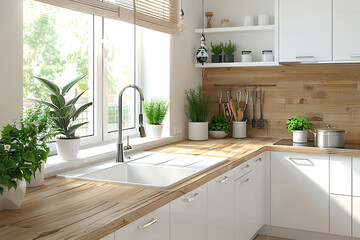 Modern interior of kitchen with white furniture, wooden counter and wooden floor. Kitchen sink with faucet near window and stylish design in new apartment. - Powered by Adobe