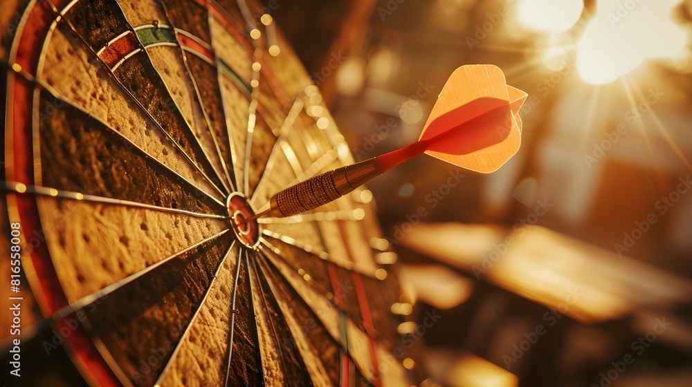 Poster bullseye target or dart board has red dart arrow throw hitting the center of a shooting for business