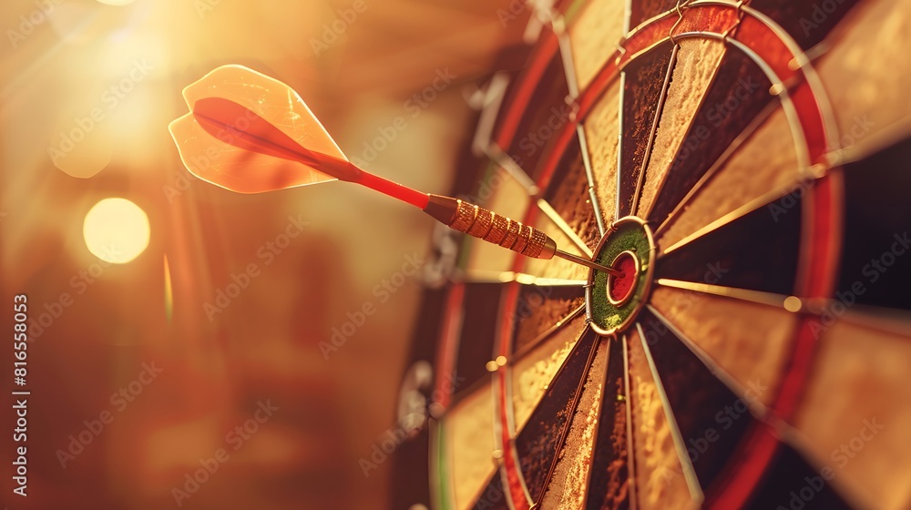 Poster bullseye target or dart board has red dart arrow throw hitting the center of a shooting for business