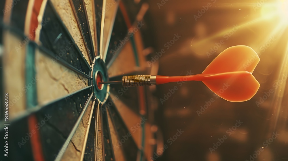 Poster bullseye target or dart board has red dart arrow throw hitting the center of a shooting for business