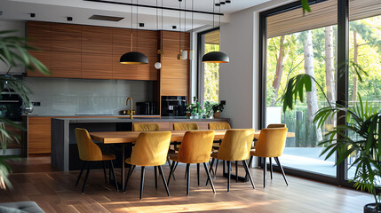 Modern interior of kitchen with wooden furniture and counter and cabinet. Open space with dining room with table and mustard chairs and big window. New apartment at home.