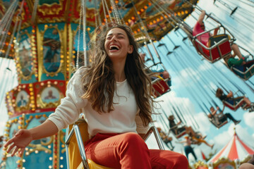 A young woman and her boyfriend enjoying rides at an amusement park, laughing joyfully as they ride on the chain swing together.