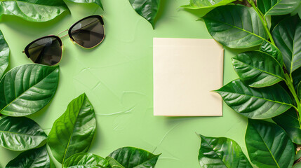 Composition with blank cards sunglasses and green leav