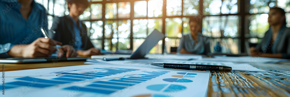 Poster business team discussing cost saving strategies with charts and graphs in modern office setting fina