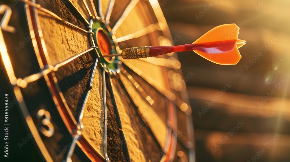 Poster bullseye target or dart board has red dart arrow throw hitting the center of a shooting for business
