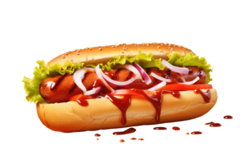 Gastronomic Delight: A Delectable Hot Dog Enveloped in Tangy Ketchup and Sautéed Onions on White or PNG Transparent Background.
