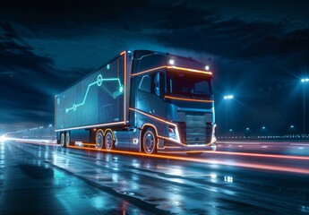 A high-tech self-driving semi truck with a cargo trailer drives at night, using sensors to scan its surroundings. Special effects show the truck being digitalized as it navigates autonomously.