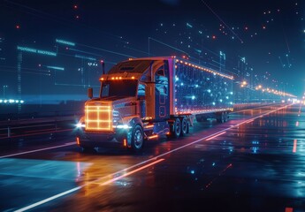 A high-tech self-driving semi truck with a cargo trailer drives at night, using sensors to scan its surroundings. Special effects show the truck being digitalized as it navigates autonomously.