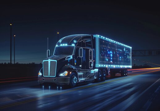A high-tech self-driving semi truck with a cargo trailer drives at night, using sensors to scan its surroundings. Special effects show the truck being digitalized as it navigates autonomously.
