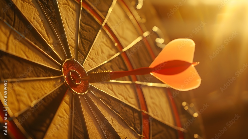Poster bullseye target or dart board has red dart arrow throw hitting the center of a shooting for business