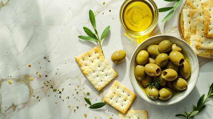 Composition with bowl of tasty green olives oil 