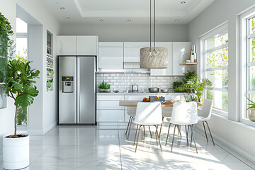 Modern new light interior of kitchen with white furniture and dining table.
