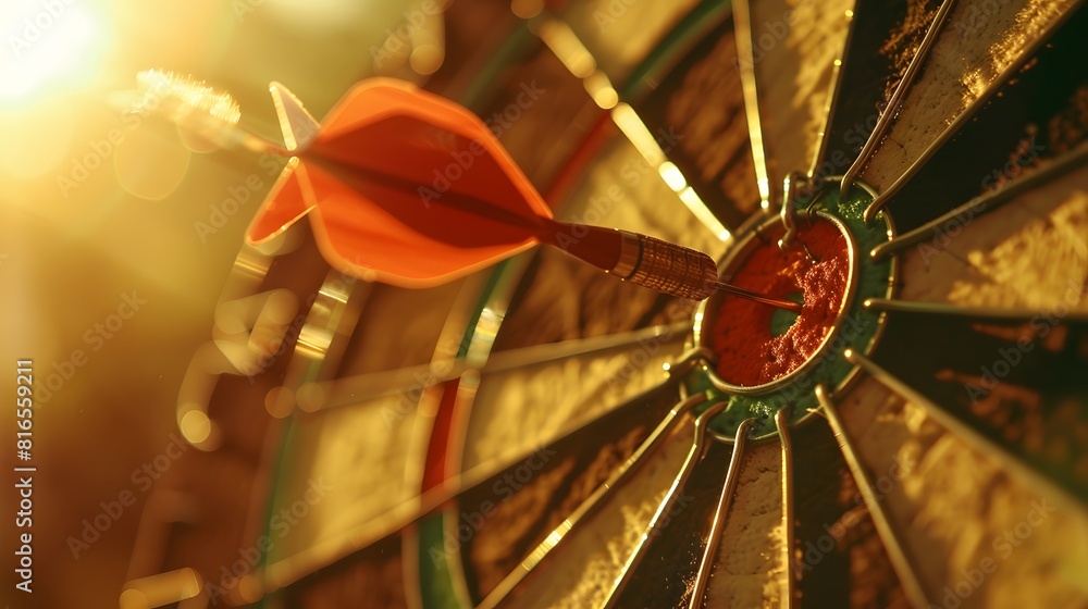 Poster bullseye target or dart board has red dart arrow throw hitting the center of a shooting for business