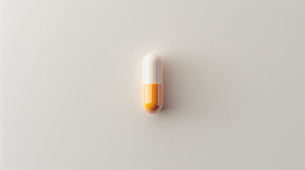 A single pill placed in the center of a plain white background, minimalistic pictures with pills