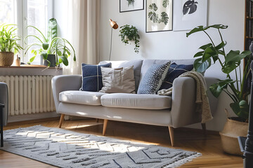 Modern Scandinavian home interior design, featuring an elegant living room with a comfortable sofa, mid-century furniture, cozy carpet, wooden floor, white walls, and home plants