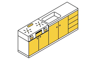 ガスコンロと台所、アイソメトリックイラスト