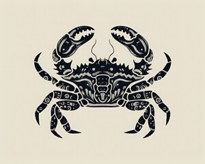 Black Crab silhouette with graphic pattern. Marine-themed tattoo design. Print for clothes. stylized shape silhouette Crab logo. Marine animals, the underwater world. World ocean day.