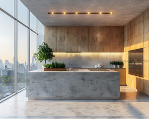 Modern wood and concrete kitchen interior with empty mock up place on wall, island, appliances and window with city view and daylight.