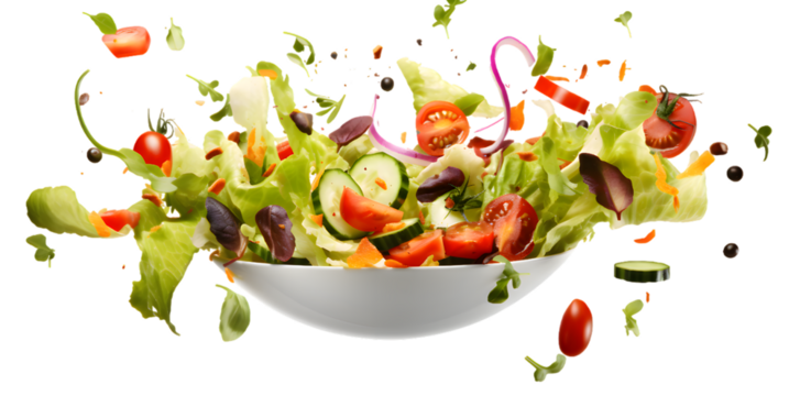 Fresh vegetable salad hurling out of a bowl in the air isolated on transparent background