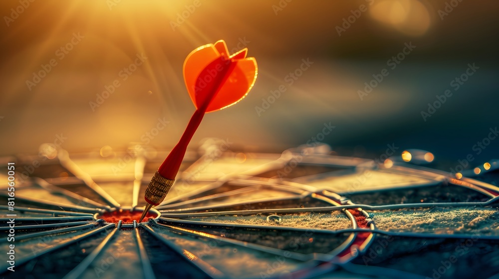 Poster bullseye target or dart board has red dart arrow throw hitting the center of a shooting for business